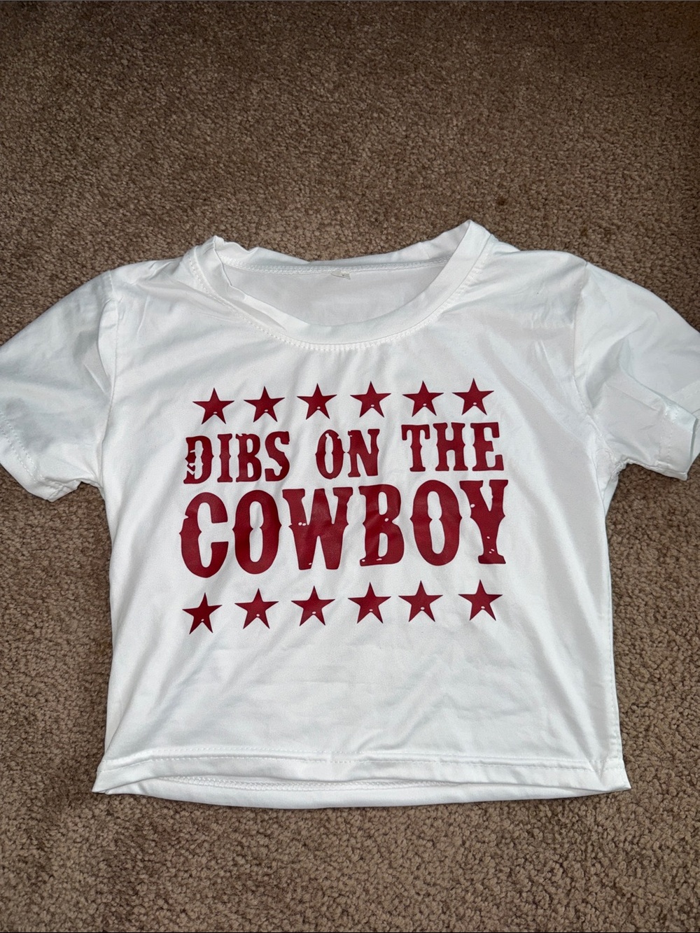 SHEIN White Crop Top with Red 'Dibs on the Cowboy' Graphic